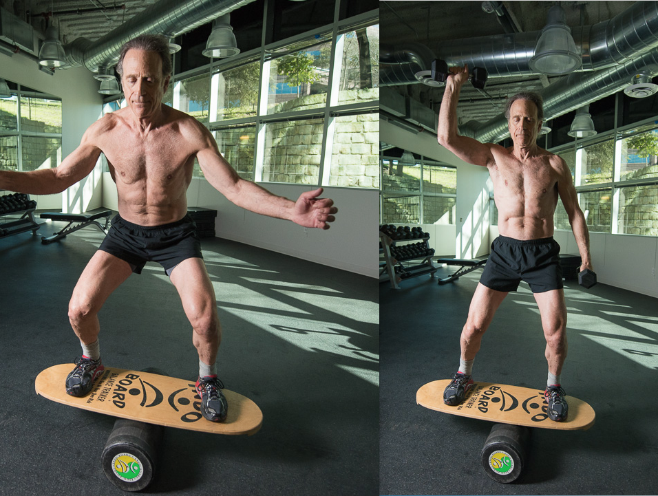 Jerry, 72, facing fear and trying a balance board 